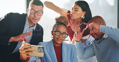 Buy stock photo Team, business people or peace sign for selfie in office, social media or smile for company web page. Photography, workplace friends or staff with picture for online post, funny face or bonding