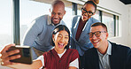 Team, business people or smile for selfie for bonding, social media or web page post for company site. Photography, workplace friends or staff with picture for online platform, happiness or office