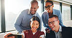 Selfie, smile and business people in office with collaboration, social media post and bonding together. Happy, group and diversity in workplace with teamwork, solidarity and photography for memories.