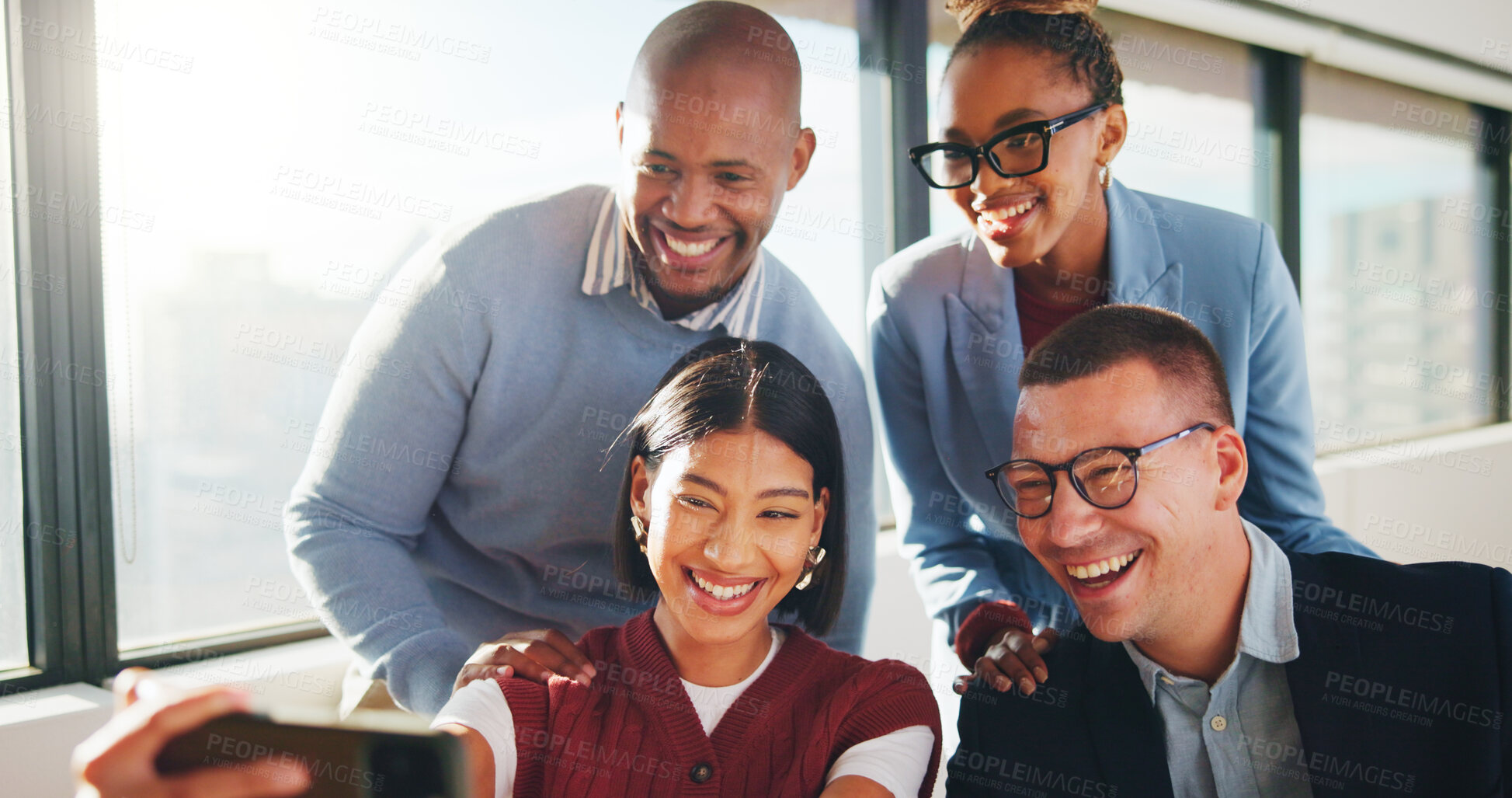 Buy stock photo Selfie, smile and business people in office with collaboration, social media post and bonding together. Happy, group and diversity in workplace with teamwork, solidarity and photography for memories.