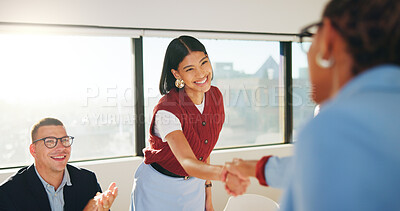 Buy stock photo Happy, applause and business people in office with handshake, contract success and investment deal. Team, clapping and shaking hands in workplace with celebration, funding opportunity and agreement.
