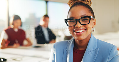 Buy stock photo Leader, portrait and businesswoman with glasses in boardroom, public relations and meeting with team. Happy, pr manager and person with eyewear in business, confident or collaboration with colleagues