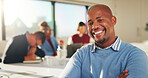 Leader, portrait and businessman with smile in boardroom, copywriting or creative career development. Happy, copywriter and person with colleagues in business meeting, confident and collaboration