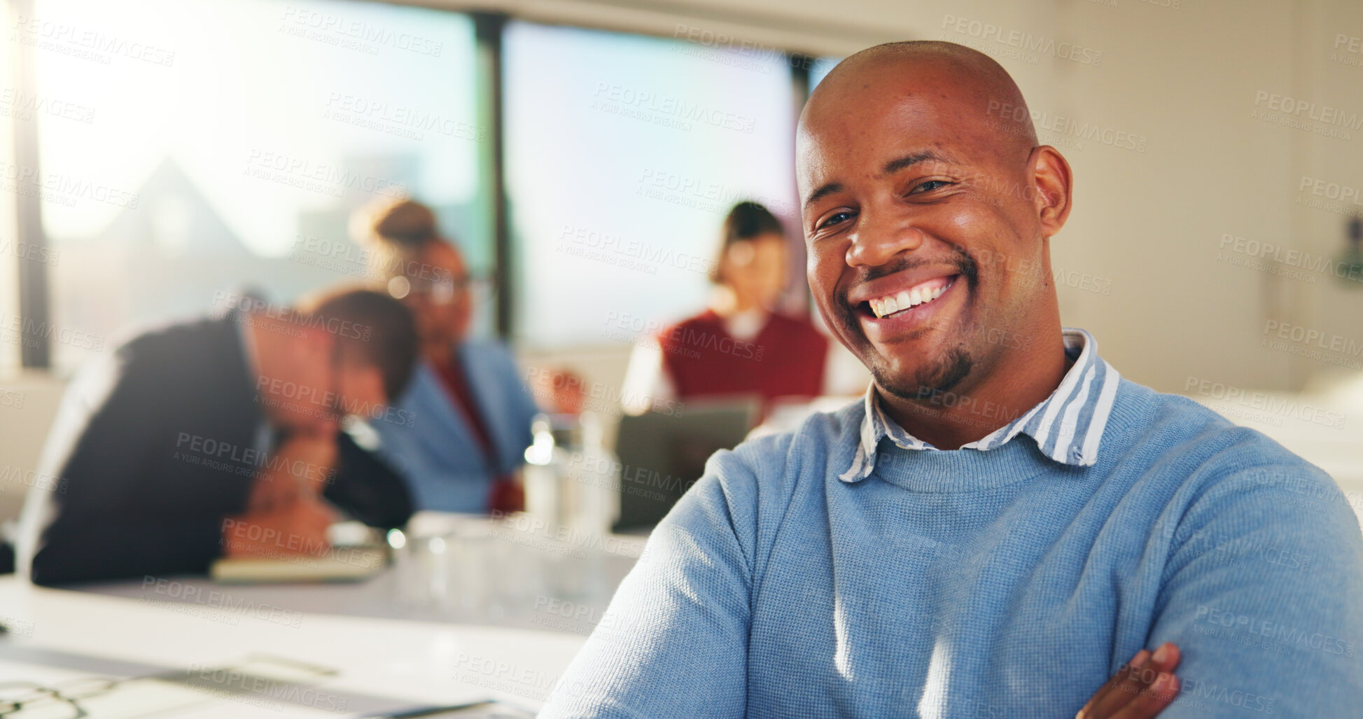 Buy stock photo Leader, portrait and businessman with smile in boardroom, copywriting or creative career development. Happy, copywriter and person with colleagues in business meeting, confident and collaboration
