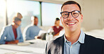 Leader, portrait and businessman with glasses in boardroom, smile and accountant with career growth. Corporate, bookkeeper and happy person with eyewear in business meeting, pride and collaboration