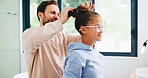 Bathroom, father and helping daughter in home for haircare or morning routine on weekend. Family, love and single parent man tying hair of girl child in apartment for getting ready or support