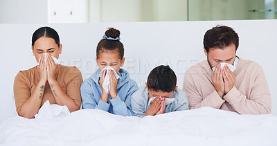 Buy stock photo Family, sick and blowing nose in bed with allergies, contagious infection and health crisis in home. Parents, children and tissue in bedroom with sneezing, virus symptoms or together for flu recovery