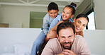 Portrait, relax and smile with family stack on sofa in home living room for bonding or weekend. Affection, happy or love with pile of children, dad and mom in apartment for safety, security or trust