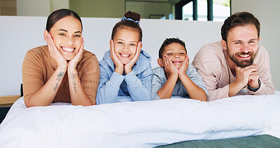 Buy stock photo Portrait, relax and smile with family in bedroom of home for bonding or weekend. Happy, love or relationship with children, father and mother on bed in apartment for safety, security or trust