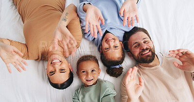 Buy stock photo Happy, portrait and relax with family on bed in home for bonding or weekend from above. Affection, love or morning with children, father and mother waving in apartment for safety, security or trust