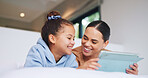 Love, tablet and mother with child in bedroom to relax together, watch cartoon or online show. Tech, happy girl and mom in bed at family home for bonding, movie or streaming entertainment with parent