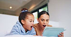 Surprise, tablet and mother with child in bedroom to relax together, watch cartoon or online show. Tech, shocked girl and mom in bed at family home with wow, streaming movie and bonding with parent