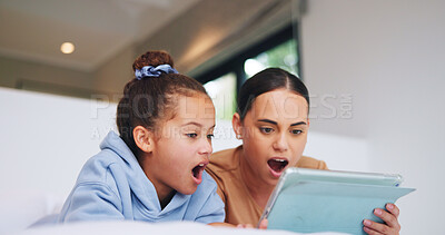 Buy stock photo Surprise, tablet and mother with child in bedroom to relax together, watch cartoon or online show. Tech, shocked girl and mom in bed at family home with wow, streaming movie and bonding with parent