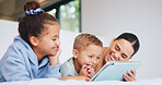 Smile, mom or children on bed with tablet, cartoon streaming or bonding together in multimedia binge. Laugh, relax or family in home with tech, movie subscription or entertainment on kids platform.