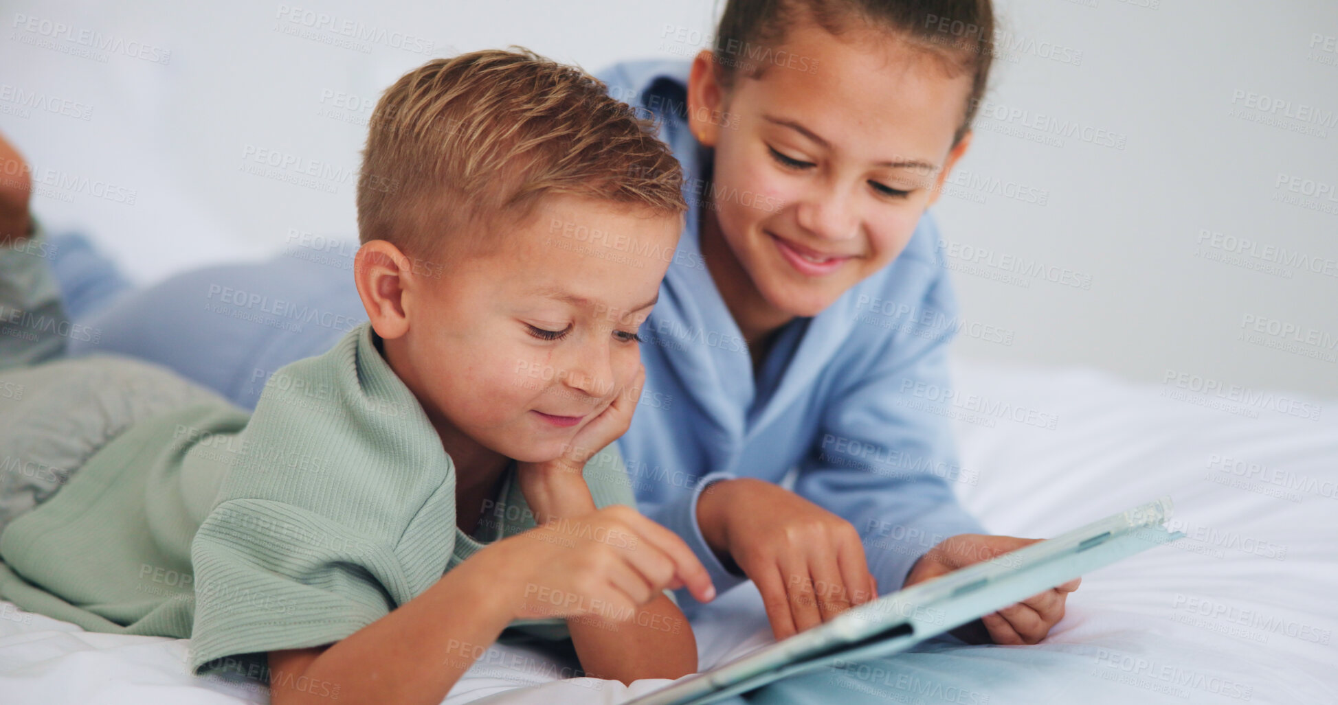 Buy stock photo Relax, bonding and kids in bedroom with tablet for online game, streaming show or movie together. Siblings, children and tech in bed at home to watch cartoon, series or film with smile on weekend