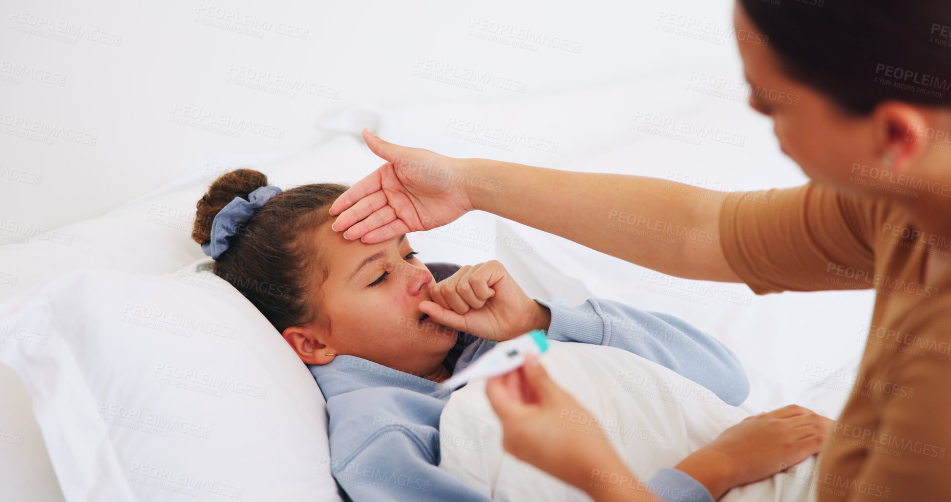 Buy stock photo Fever, mom or daughter in bedroom with thermometer, childcare or health monitor with flu symptoms. Sick, mother or child in home with tech, parenthood and temperature check in illness assessment.