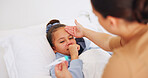 Fever, mom or kid in bedroom with thermometer, childcare or health monitor with flu symptoms. Sick, mother or child in home with tech, parenthood and temperature check in illness assessment.