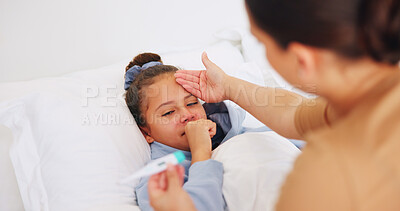 Buy stock photo Fever, mom or kid in bedroom with thermometer, childcare or health monitor with flu symptoms. Sick, mother or child in home with tech, parenthood and temperature check in illness assessment.