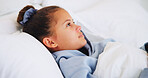 Thinking, child and relax in bedroom at house with vision, morning reflection and quiet moment. Serious, teenager and girl daydreaming with inner thoughts, comfortable weekend and lying awake in home
