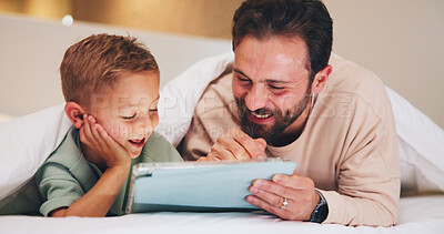 Buy stock photo Laugh, tablet and father with child in bedroom to relax together, watch cartoon or online show. Tech, happy boy and dad in bed at family home for bonding, comedy movie or streaming with funny parent