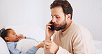Phone call, father or child in house with fever, telehealth advice or concern with flu symptoms. Space, worry or family with thermometer, online consultation or illness assessment with monitoring.