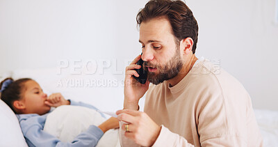 Buy stock photo Phone call, father or child in house with fever, telehealth advice or concern with flu symptoms. Parent, worry or family with thermometer, online consultation or illness assessment with monitoring.