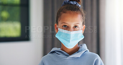 Buy stock photo Face mask, healthcare and portrait of girl child in home for infection control, regulations or safety. Compliance, medical and security with kid in apartment for protection from bacteria or germs
