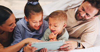 Buy stock photo Smile, parents or children on bed with tablet, cartoon streaming or bonding in multimedia binge. Happy, relax or family in home with tech, movie subscription or entertainment on kids platform.