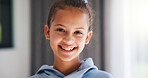 Home, portrait and smile of girl child in morning for development, future or growth. Happy, space and teeth with adolescent kid in living room of apartment for holiday, optimism or weekend break