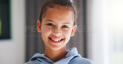 Buy stock photo Home, portrait and smile of girl child in morning for development, future or growth. Happy, space and teeth with adolescent kid in living room of apartment for holiday, optimism or weekend break
