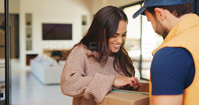 Buy stock photo Logistics, people and tablet in home for delivery, customer service and digital signature for box. Courier guy, woman and tech at house for ecommerce, shipping and package for small business support