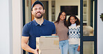Delivery, portrait and happy man with box for door package, courier service or logistics in home. Male person, transportation or carrier with smile, parcel or freight for house shipment or order