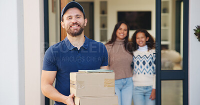 Buy stock photo Delivery, portrait and happy man with box for door package, courier service or logistics in home. Male person, transportation or carrier with smile, parcel or freight for house shipment or order