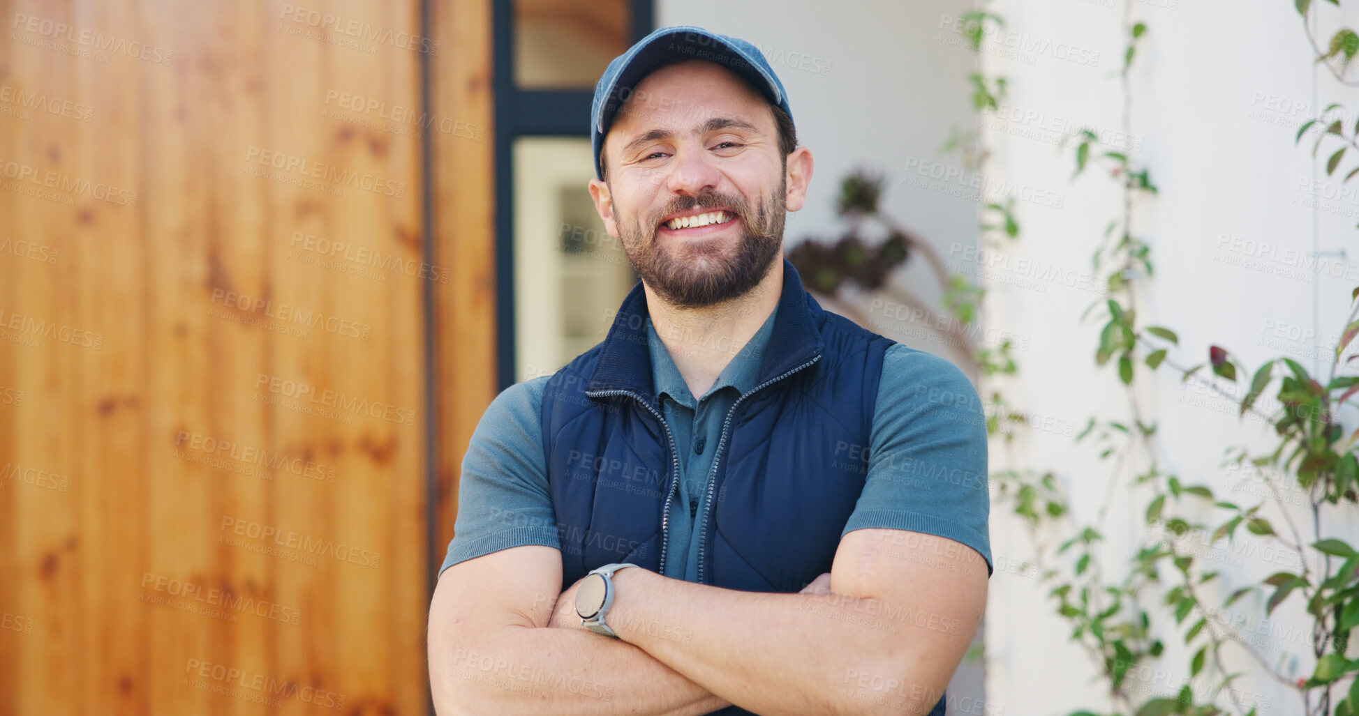 Buy stock photo Portrait, delivery and door service with happy man, confidence or small business logistics. Male person, courier guy or transportation with arms crossed for supply chain, distribution or home freight