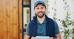 Portrait, delivery or happy man with box for home freight, small business logistics or supply chain. Male person, courier guy or carrier door service with smile, parcel or package for distribution