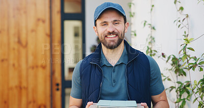 Buy stock photo Portrait, delivery or happy man with box for home freight, small business logistics or supply chain. Male person, courier guy or carrier door service with smile, parcel or package for distribution