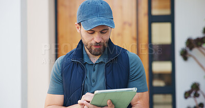 Buy stock photo Man, checklist and door delivery with tablet for logistics, distribution or home shipping. Male person, carrier or courier service with technology for online order, supply chain or transportation