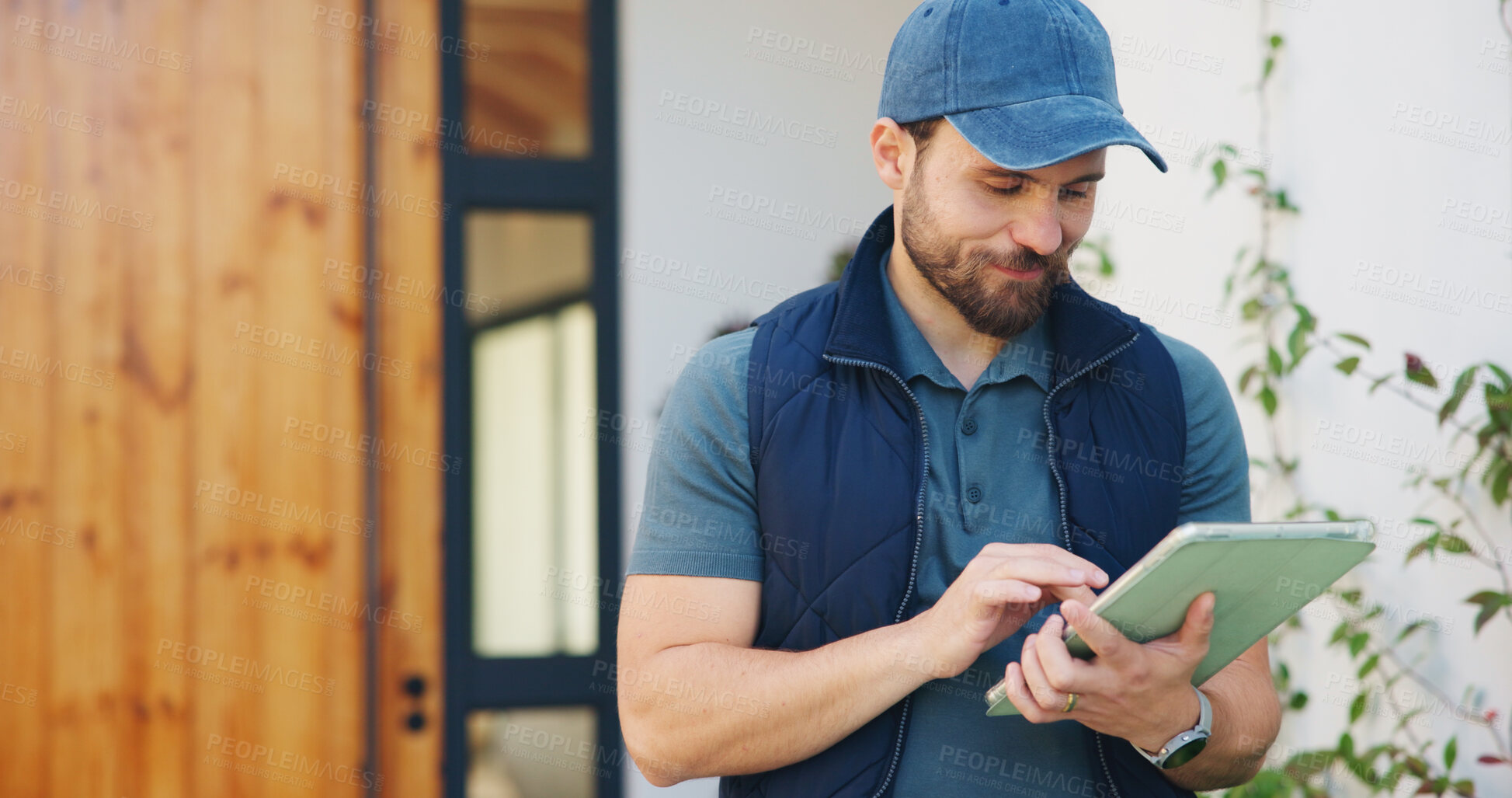 Buy stock photo Man, smile and tablet for delivery management, ecommerce order or online shopping logistics. Courier, person and digital tech for supply chain, e commerce or checklist for retail distribution