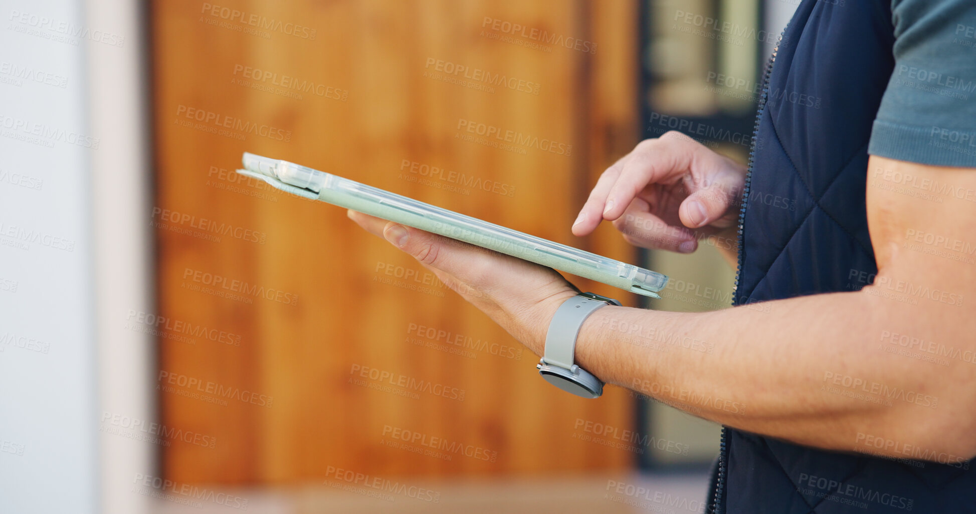 Buy stock photo Man, hands and tablet for delivery management, ecommerce order or online shopping logistics. Courier, person and digital tech for supply chain, e commerce or checklist for retail distribution