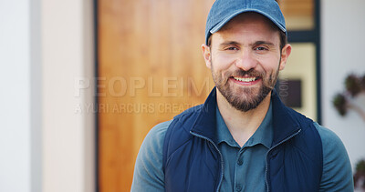 Buy stock photo Portrait, man and smile outdoor for dropshipping, delivery and confidence for distribution startup. Transport service, courier person and export business with about us for supply chain or shipping