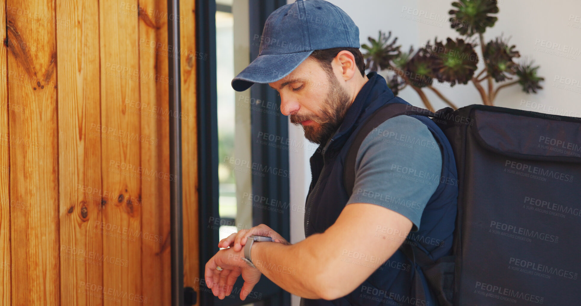 Buy stock photo Man, watch and package for delivery management, ecommerce order or online shopping logistics. Courier, person and digital tech for supply chain, e commerce and deadline for retail distribution