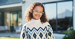 Portrait, girl or child in backyard with smile, glasses and pride for moving to new home on weekend. Happy, kid and relax at outdoor with spectacles, positive attitude and relocation to dream house.
