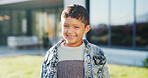 Wellness, portrait and boy in backyard with smile, positive attitude and chill on weekend break. Happy, space and child at house with good mood, confidence and peaceful holiday for youth wellbeing.