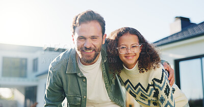 Buy stock photo Portrait, father or girl with hug in backyard of new home, property ownership or smile for real estate. Garden, man or child with embrace for bonding, residence purchase or investment for support