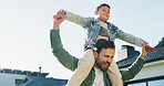 Carry, shoulders and son outdoor with father in backyard for bonding, fun or playful game. Excited, family home and space with single parent man lifting boy child for flying, safety or security