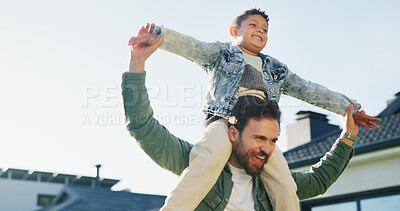 Buy stock photo Carry, shoulders and son outdoor with father in backyard for bonding, fun or playful game. Excited, family home and space with single parent man lifting boy child for flying, safety or security