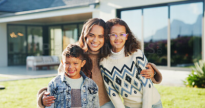 Buy stock photo Portrait, mother and children in backyard with new home, embrace and bonding for real estate purchase. Outdoor, woman and kids moving in dream house with hug, property investment and happy family.