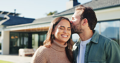 Buy stock photo Happy, couple and kiss in backyard with new home, bonding together and property investment success. Married people, outdoor and moving in dream house with affection, relocation and real estate goals.