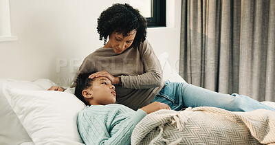 Buy stock photo Bed, forehead and sick girl with mother in home together for healing, recovery or support. Checking, fever and temperature of daughter with single parent woman in bedroom for healthcare or wellness