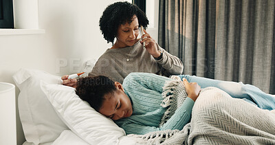 Buy stock photo Bed, phone call and sick girl with mother in home together for healing, recovery or support. Communication, family and stomachache of daughter with single parent woman in bedroom for healthcare